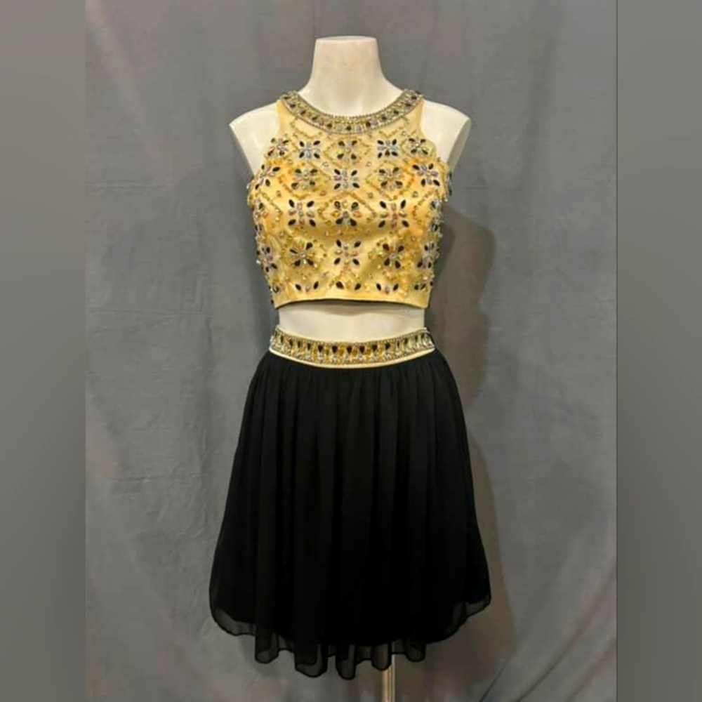 Elegant Black and Gold Embellished Mini Dress